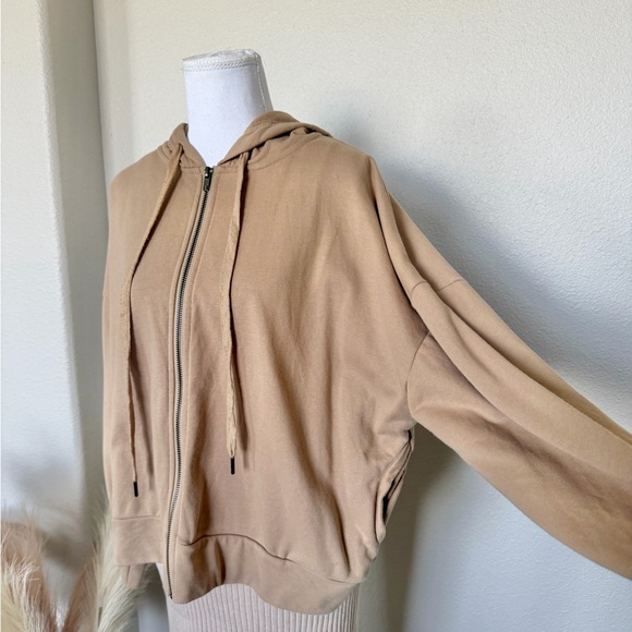 Kimberly C - Women's Cropped Boxy Tan Zip Up hoodie - Picture 4 of 12